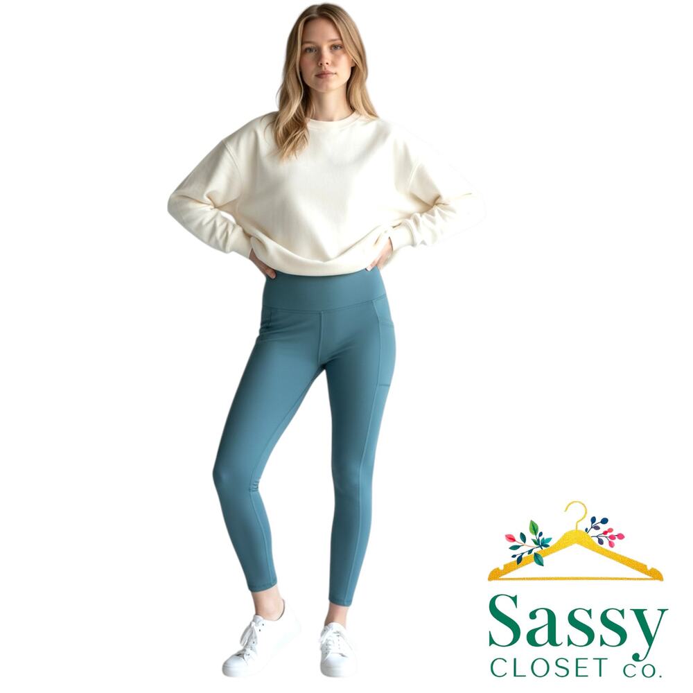 YOGALICIOUS Nude Tech High Rise Leggings XL Teal Green Pocket Yoga Pants EUC